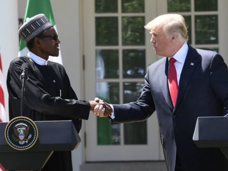 President Trump and Nigerian President Muhammadu Buhari hold a joint news conference in the Rose Garden of the White House on Monday.