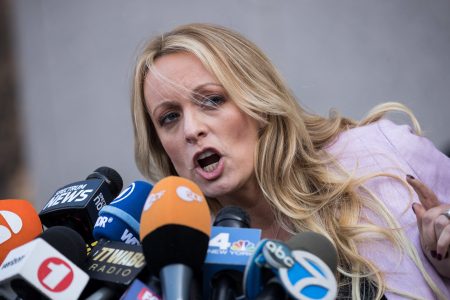 Adult film actress Stormy Daniels speaks to reporters as she exits a federal courthouse in New York City after a hearing related to Michael Cohen, President Trump's longtime personal attorney and confidante on April 16, 2018.