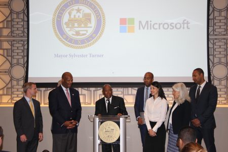 Mayor Sylvester Turner along with city council members and representatives from Microsoft announce the Internet of Things alliance at City Hall on Friday, May 4, 2018
