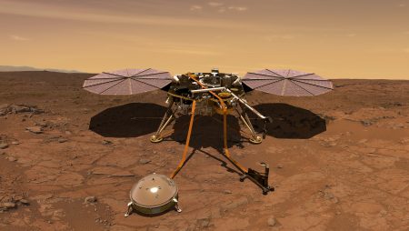 An artist's rendition of NASA's InSight lander, which is expected to launch on Saturday morning. InSight will monitor the Red Planet's seismic activity and internal temperature.