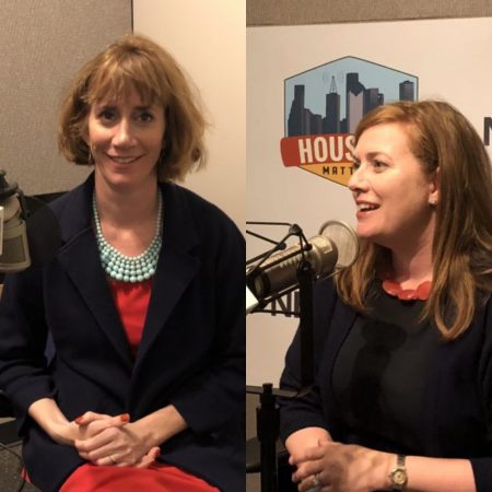 Laura moser, left, the founder of Daily Action, a web-based political pressure group, and Lizzie Pannill Fletcher, an attorney and community organizer, talking about the Texas’ 7th Congressional District race, in May 2018.