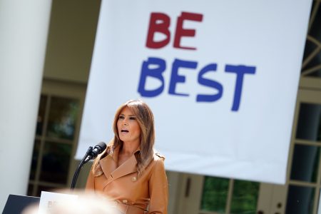 First lady Melania Trump speaks on her initiatives during an event in the Rose Garden of the White House, Monday, May 7, 2018, in Washington.  The first lady gave her multipronged effort to promote the well-being of children a minimalist new motto: "BE BEST."  The first lady formally launched her long-awaited initiative after more than a year of reading to children, learning about babies born addicted to drugs and hosting a White House conversation on cyberbullying.   (AP Photo/Andrew Harnik)