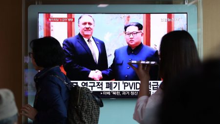 North Korea has released three American citizens it had been holding captive. Here, South Koreans on Wednesday watch a TV report about U.S. Secretary of State Mike Pompeo's visit to North Korea.