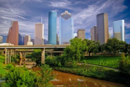 Downtown Houston, the I-45 freeway and Buffalo Bayou, taken from Sabine Street.