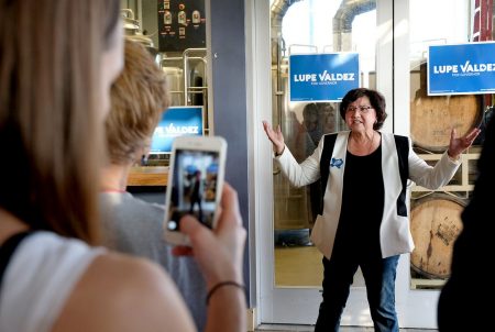 Lupe Valdez campaigns at Black Star Co-op in Austin on April 13, 2018. Valdez is in a runoff with Andrew White for the Democratic nomination for governor.
