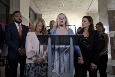 Autumn Blaney, a teenager who says she suffered sexual abuse at the hands of Larry Nassar, a former doctor for the Olympic women's gymnastics team, speaks at a press conference in Austin on May 10, 2018.