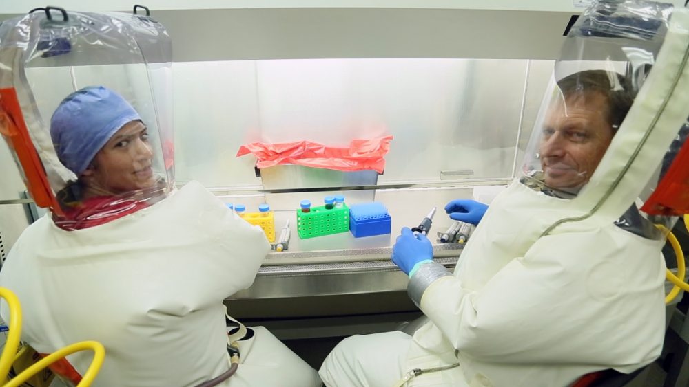 Dr. Alex Bukreyev and Dr. Michelle Meyer study Ebola at The University of Texas Medical Branch at Galveston’s BSL-4 Lab, which is the highest biosafety level for a lab (July, 2015).