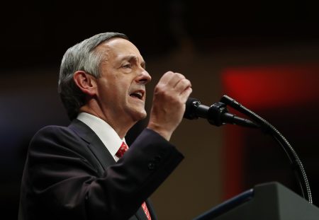 FILE - In this July 1, 2017, file photo, pastor Robert Jeffress, of the First Baptist Church in Dallas, speaks as he introduces President Donald Trump during the Celebrate Freedom event at the Kennedy Center for the Performing Arts in Washington. In a tweet Sunday, May 13, 2018, Senate candidate Mitt Romney of Utah says the prominent Baptist minister, Jeffress, shouldn't be giving the prayer that opens the U.S. Embassy in Jerusalem because he's a "religious bigot." (AP Photo/Carolyn Kaster, File)