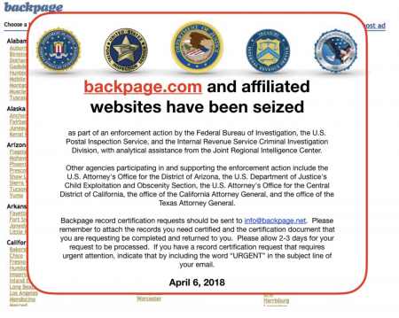 An image of the backpage.com homepage after being seized by federal authorities, on May 15th, 2018