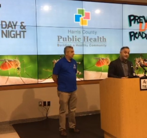 Dr. Umair Shah, executive director of Harris County Public Health (first from the right), participated in a May 15 2018 press conference where county officials encouraged the public to protect themselves from mosquito bites.