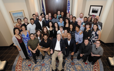 The cast of Hamilton with former president George Bush on May 15th, 2018, after performing at his office in Houston.