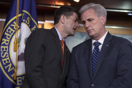 Speaker of the House Paul Ryan, R-Wis., confers with House Majority Leader Kevin McCarthy, R-Calif., during a news conference on Capitol Hill on Wednesday.