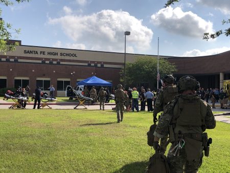 Law enforcement agencies are deployed at Santa Fe High School, located in Galveston County, because of the shooting incident that happened in the morning of May 18, 2018.