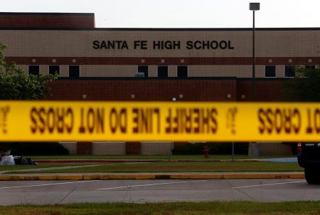 Police tape in front of Santa Fe High School in Santa Fe, Texas on May 20, 2018.