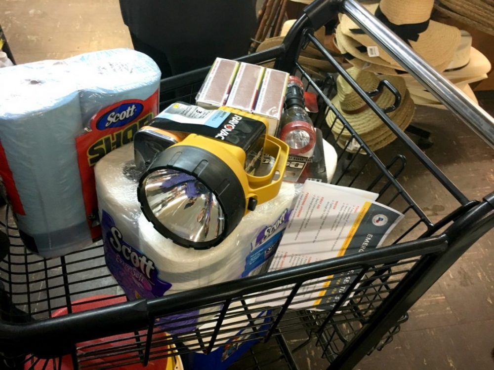 A cart full of hurricane supplies at Southland Hardware.