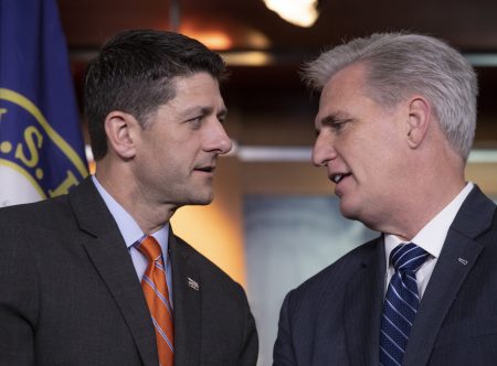 Speaker of the House Paul Ryan (left) confers with House Majority Leader Kevin McCarthy during a May 16 news conference.
