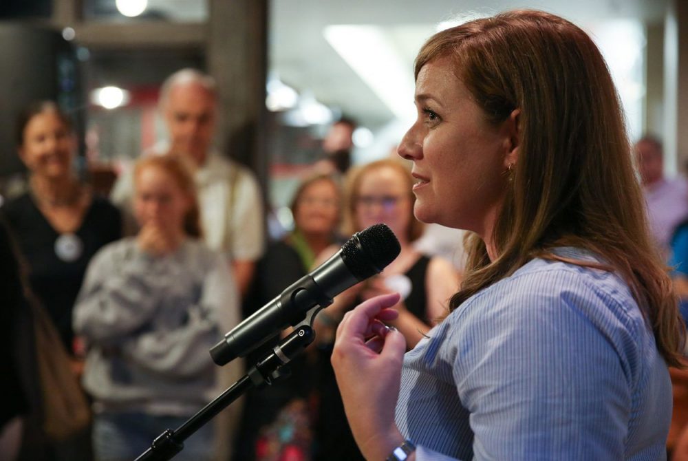 Lizzie Pannill Fletcher speaks to her supporters at her election party in Houston on May 22, 2018. Fletcher will face the Republican incumbent, U.S. Rep. John Culberson, in November