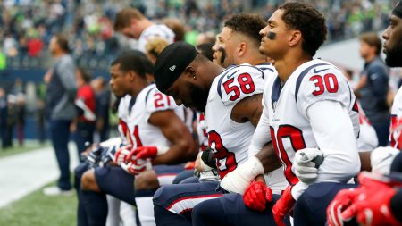 NFL players from the Houston Texans and other teams chose to take a knee during the national anthem before kickoffs in the 2017 season.