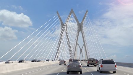 Rendering of the new Ship Channel bridge. HCTRA says the cable-stayed main span towers will provide toll road users with a unique driving experience.