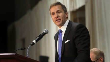 Gov. Eric Greitens delivers the keynote address at a police memorial prayer breakfast on April 25, at the St. Charles Convention Center. Greitens has announced he will resign on Friday.