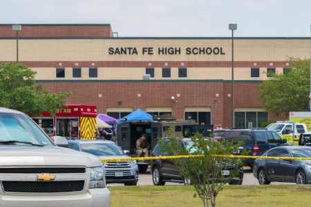 Multiple local, state and federal enforcement agencies process active crime scene following a shooting at Santa Fe High School on May 18, 2018.