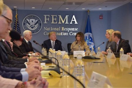 President Donald Trump, accompanied by first lady Melania Trump, speaks at a briefing on this year's hurricane season at the Federal Emergency Management Agency Headquarters, Wednesday, June 6, 2018, in Washington.