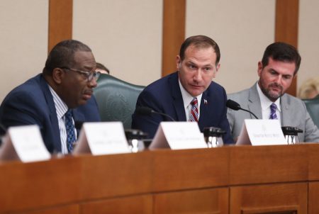 State Sen. Charles Schwertner, R-Georgetown (center), listens to testimony at a hearing held by the Senate Select Committee on Violence in Schools & School Security on June 11, 2018. Schwertner is flanked by fellow committee members Sens.
