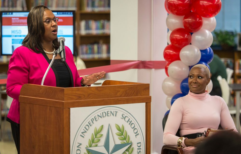 Grenita Lathan comments during a library dedication at Attucks Middle School, January 18, 2017.