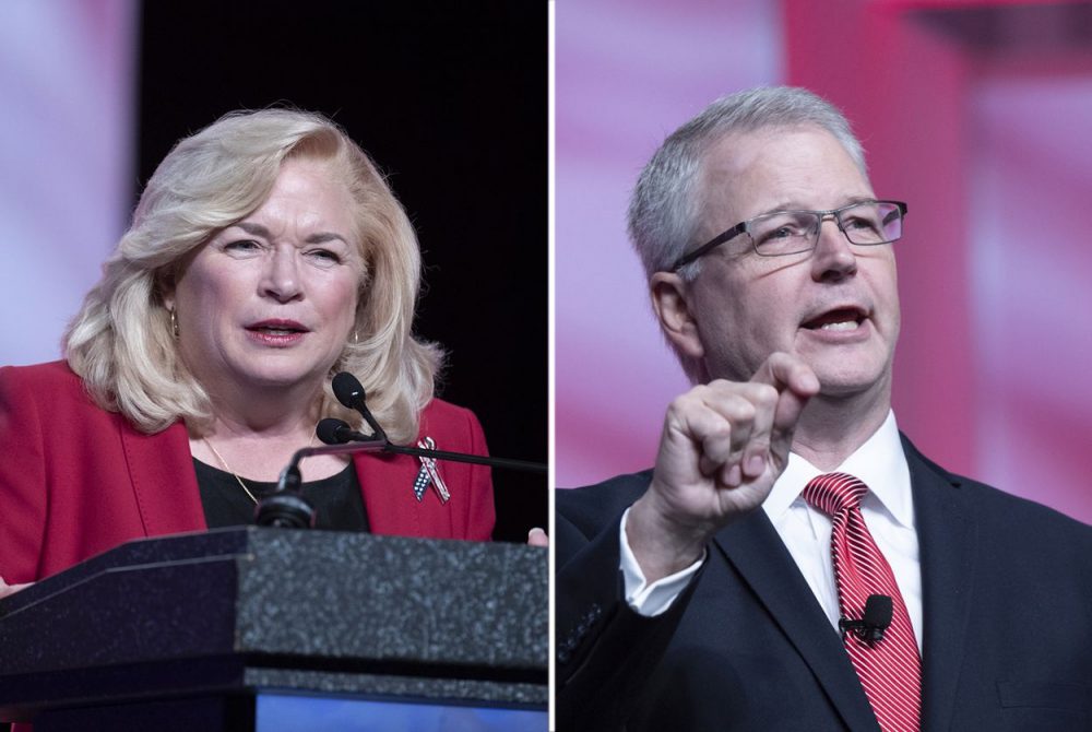 Cindy Asche and Republican Party of Texas Chairman James Dickey speak at the RPT convention on June 14, 2018. Asche is challenging Dickey for leadership of the state party.  