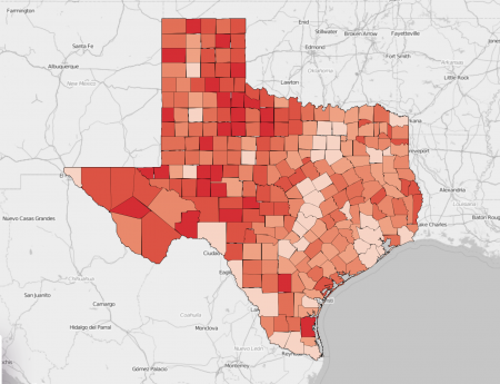 An image of an interactive map showing opioid-related deaths by county in Texas, from 1999 to 2016.