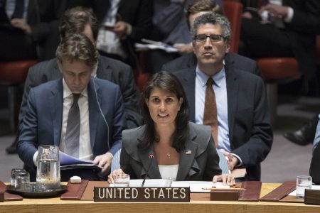 U.S. Ambassador to the United Nations Nikki Haley is shown in this image speaking during a Security Council meeting on the situation between the Israelis and the Palestinians, Friday, June 1, 2018 at United Nations headquarters.