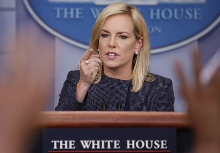 In this June 18, 2018 photo, Homeland Security Secretary Kirstjen Nielsen speak to the media during the daily briefing in the Brady Press Briefing Room of the White House. Nielsen is drafting an executive action for President Donald Trump that would direct DHS to keep families apprehended at the border together during detention. That's according to two people familiar with her thinking who spoke on condition of anonymity to discuss the effort before its official announcement. It's unclear whether the president is supportive of the measure.  (AP Photo/Pablo Martinez Monsivais)