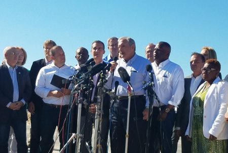 A group of mayors holds a news conference outside a tent city housing immigrant children in Tornillo on June 21, 2018.