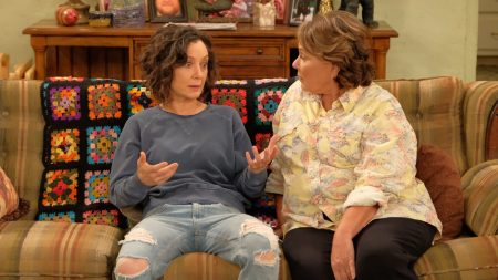 Sara Gilbert and Roseanne Barr in the return of ABC's Roseanne. Gilbert — but not Barr — will re-return in the spin-off The Conners.