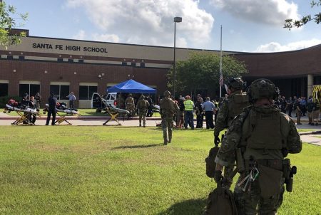 Deputies from the Harris County Sheriff's Office on the scene of Santa Fe High School, where a shooting occurred in May.