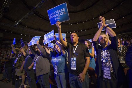 Delegates cheer during the Texas Democratic Convention in Fort Worth on Friday.