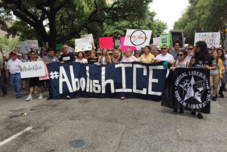 State Sen. Sylvia Garcia, D-Houston (center, white shirt) and state Rep. Carol Alvarado, D-Houston (yellow shirt) join others in downtown Houston on Saturday, June 30, to protest the Trump Administration's zero tolerance policy and call for the U.S. Immigration and Customs Enforcement agency (ICE) to be abolished.  State Rep. Carol Alvarado's Twitter feed