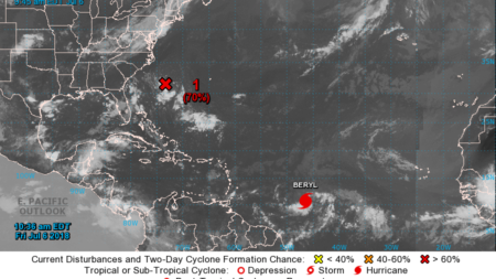Beryl, the first Atlantic hurricane of the 2018 season, was headed for the Lesser Antilles, where it was expected to make landfall by Monday.