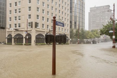 Flooding in downtown Houston after Hurricane Harvey hit Texas in August 2017.