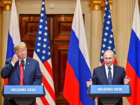 President Donald Trump and Russia's President Vladimir Putin hold a joint press conference after a meeting at the Presidential Palace in Helsinki, on Monday.