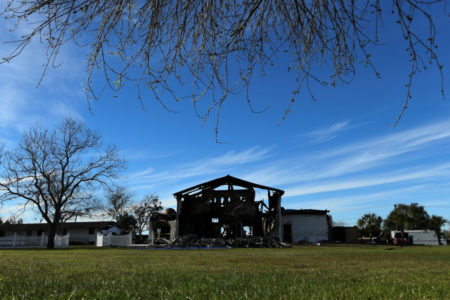 The structure of a mosque is seen one day after a fire at the Victoria Islamic Center inn Victoria, Texas.