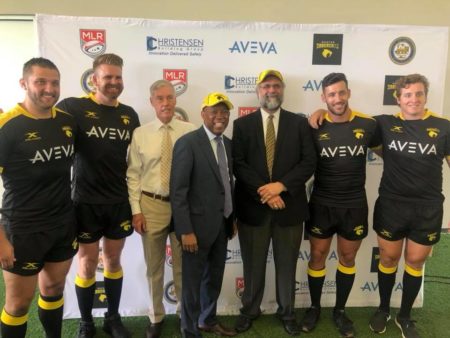 Mayor Sylvester Turner (center) poses with players of the Houston SaberCats and Council Member Jack Christie (third from the left) and architect … (third from the right) during the event held on July 24, 2018, to break ground for the team’s new stadium.
