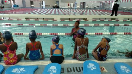 Simone Manuel  during her visit in June of 2017 at the Harris County Aquatics Center’s Johnnie Means Swimming Pool near the Texas Medical Center for an event sponsored by the USA Swimming Foundation’s “Make a Splash” campaign, which promotes swimming safety for kids. Photo: Abner Fletcher/Houston Matters