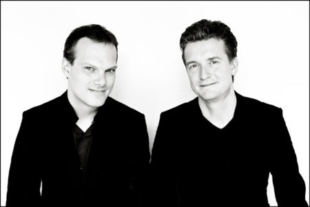 Black and white photo of Lars Vogt and Christian Tetzlaff