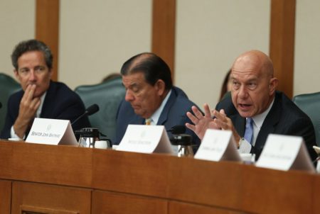 Left to right: State Sens. Kelly Hancock, R-North Richland Hills, Eddie Lucio Jr., D-Brownville, and John Whitmire, D-Houston, at the second day of hearings held by the Senate Select Committee on Violence in Schools and School Security on June 12, 2018.