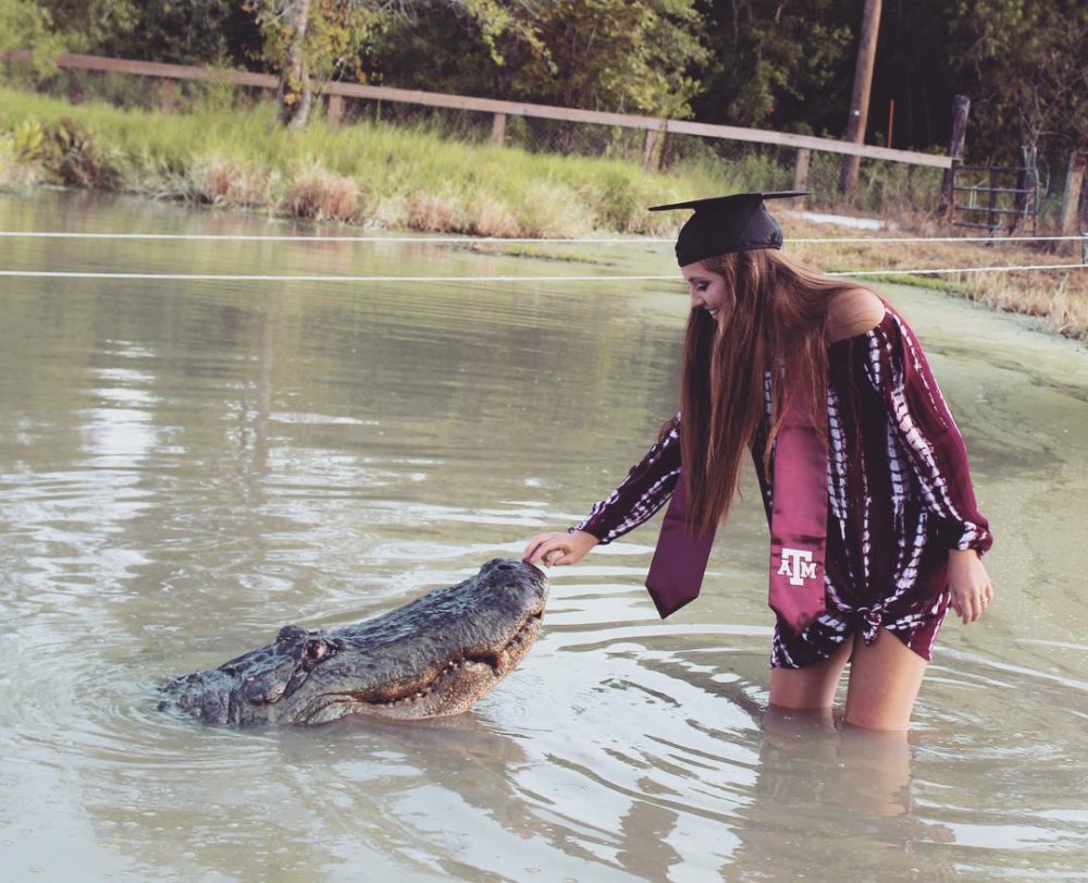 Makenzie Noland of Abilene posted photos of the huge gator on her Facebook page as she plans to graduate Friday in College Station.