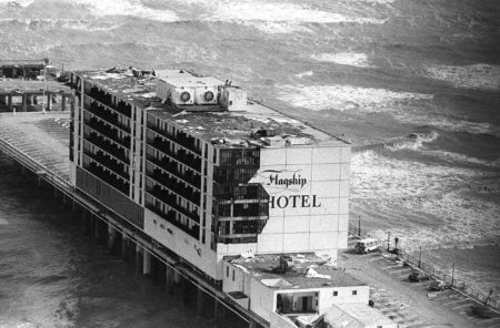 This aerial view of the Flagship Hotel shows the damage caused by Hurricane Alicia on Galveston Island, Texas, Aug. 19, 1983.  (AP Photo)