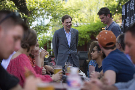 exas Attorney General Candidate Justin Nelson speaks at the Shangri-La bar in Congressional District 35 as part of a pub crawl across three congressional districts in downtown Austin - the Pub Crawl to End Gerrymandering.