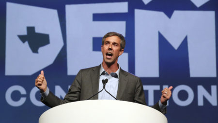Beto O'Rourke speaks at the Texas Democratic Convention in June. Since winning the Democratic primary, O'Rourke has embraced progressive positions — at times, including impeaching President Trump — as he challenges GOP Sen. Ted Cruz's reelection bid.