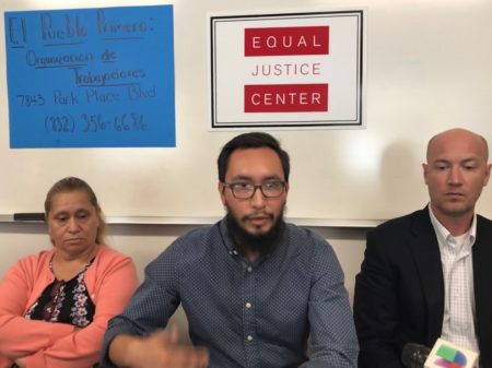 After winning her legal battle to reclaim unpaid overtime wages, Betzy Suarez speaks out against wage theft alongside Juan Carlos Suarez (El Pueblo Primer) and Christopher Willett (Equal Justice Center).